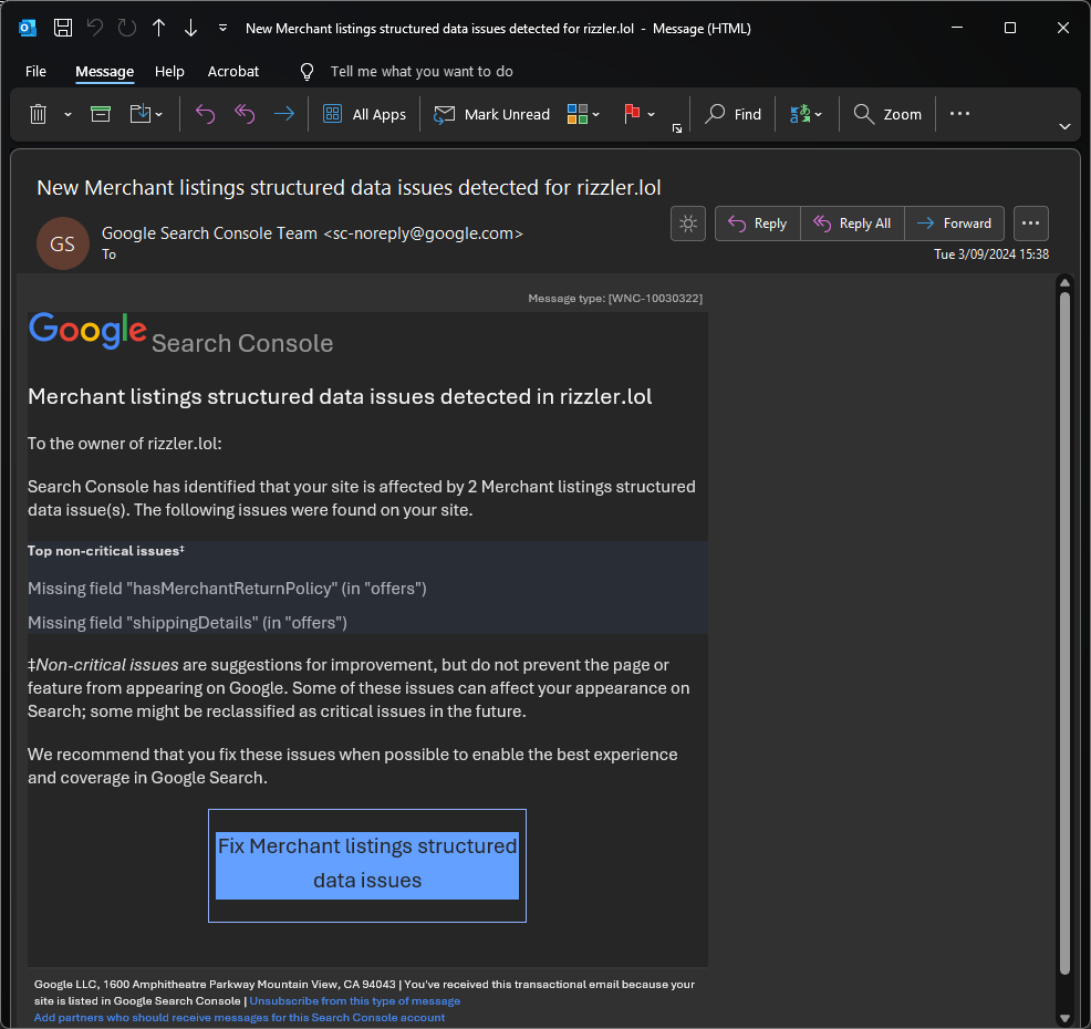 Merchant listings structured data issues detected in rizzler.lol